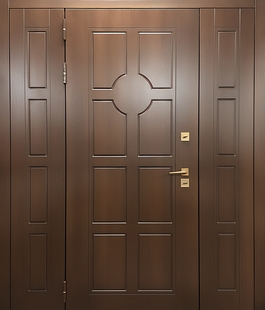Металлическая термодверь с глухими боковыми вставками и коричневыми панелями МДФ