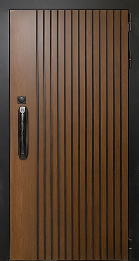 Входная дверь для квартиры с коричневыми панелями МДФ и замком с биометрией
